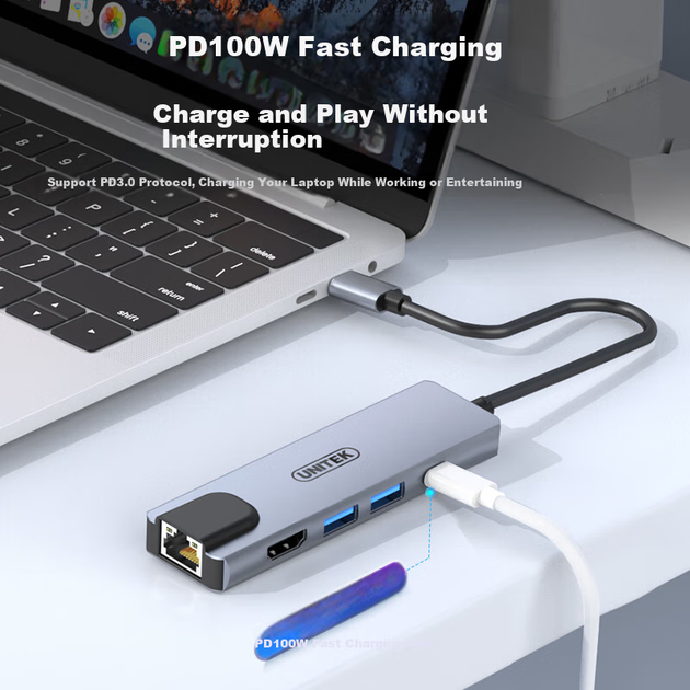 Адаптер UNITEK для розширення док-станції Type-C на порт Ethernet, конвертер мережевого кабелю HDMI із швидкою зарядкою PD, конвертер RJ45 для ноутбуків, телефонів, планшетів Apple, Huawei, адаптер мережевого порту - изображение 4