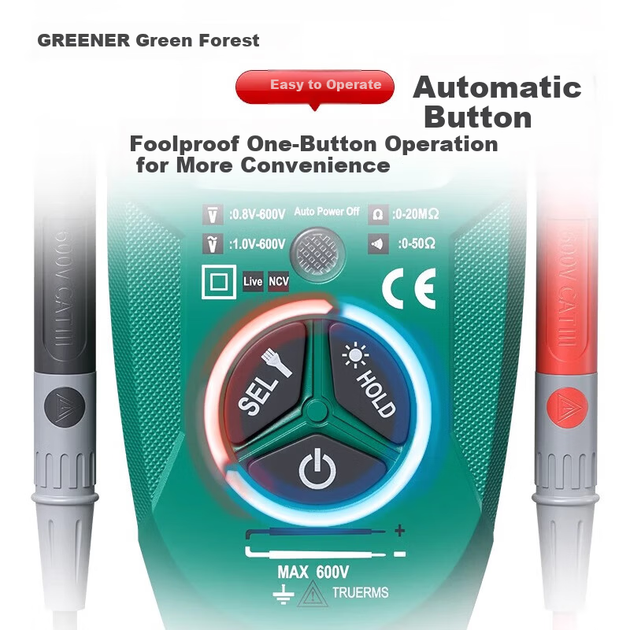 Цифровий мультиметр GREENER, високоточний, універсальний, з інтелектуальними функціями, захистом від перегріву, підсвічуванням та великим цифровим дисплеєм, комплект для електрика. - зображення 7