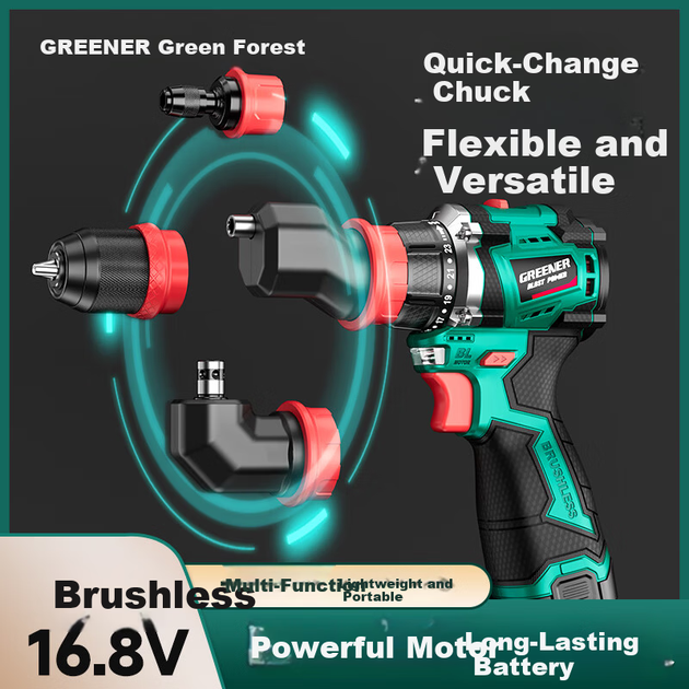 Аккумуляторная бесщеточная дрель Greenlin 16,8 В, многофункциональная литиевая батарея 4-в-1, быстросменный патрон, бытовой электроинструмент, ручная ударная дрель. - изображение 5