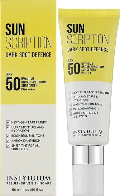 Солнцезащитный крем с осветительным эффектом Instytutum Sunscription Dark Spot Defence SPF50 50 мл - Фото 2 Солнцезащитный крем с осветительным эффектом Instytutum Sunscription Dark Spot Defence SPF50 50 мл - изображение 2
