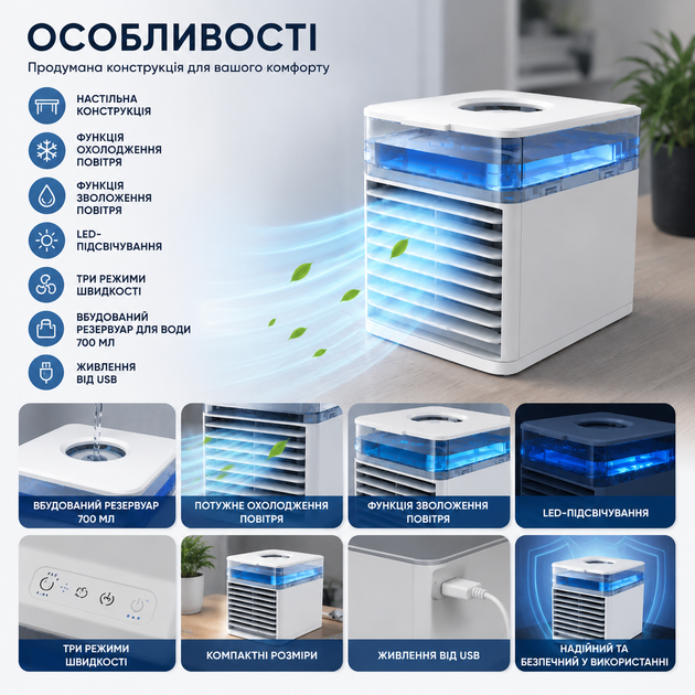 Настольный портативный мини-кондиционер с LED-подсветкой и увлажнением воздуха - Фото 3 Настольный портативный мини-кондиционер с LED-подсветкой и увлажнением воздуха - изображение 3