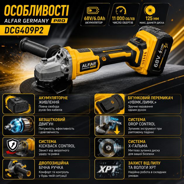 Аккумуляторная угловая шлифовальная машина AlFAR Germany PRO DCG409P2 - изображение 3