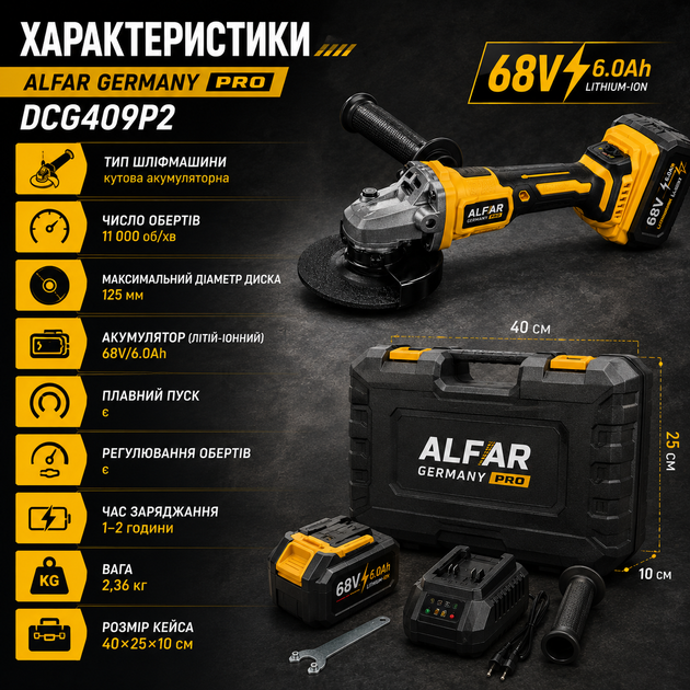 Аккумуляторная угловая шлифовальная машина AlFAR Germany PRO DCG409P2 - изображение 5