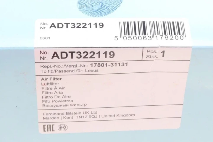 Повітряний фільтр BLUE PRINT ADT322119 Lexus RX, ES; Toyota Camry 4861756AA, 178010P050, 04861756AA - Фото 4 Повітряний фільтр BLUE PRINT ADT322119 Lexus RX, ES; Toyota Camry 4861756AA, 178010P050, 04861756AA - изображение 4