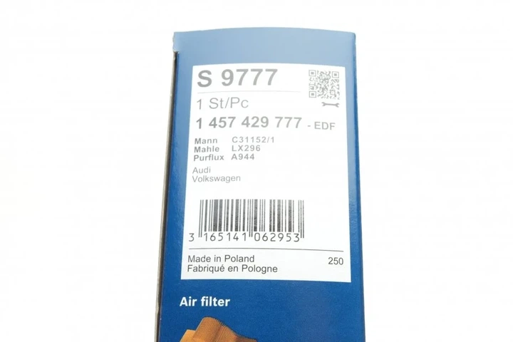 Повітряний фільтр BOSCH 1 457 429 777 Audi A6; Volkswagen Passat, Golf, Jetta 859129620, 191129607G, 4AO133837D - Фото 7 Повітряний фільтр BOSCH 1 457 429 777 Audi A6; Volkswagen Passat, Golf, Jetta 859129620, 191129607G, 4AO133837D - изображение 7