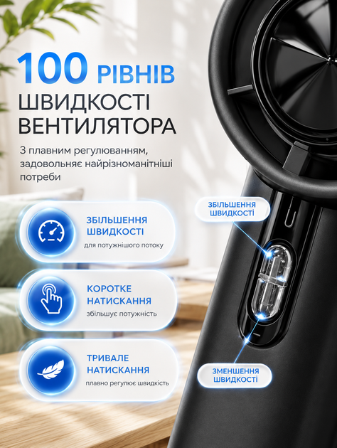 Портативный ручной вентилятор аккумуляторный с турбообдувом и LED дисплеем мини вентилятор для дома офиса и путешествий с ремешком и 100 скоростями Черный - изображение 3