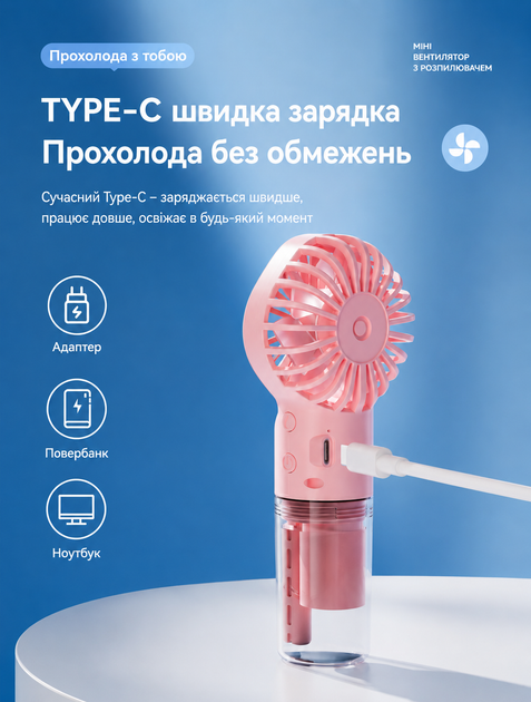 Портативный ручной вентилятор с встроенным увлажнителем 2в1 мини кондиционер для улицы работы и путешествий с аккумулятором 600 мАч и 3 скоростями Розовый - изображение 2