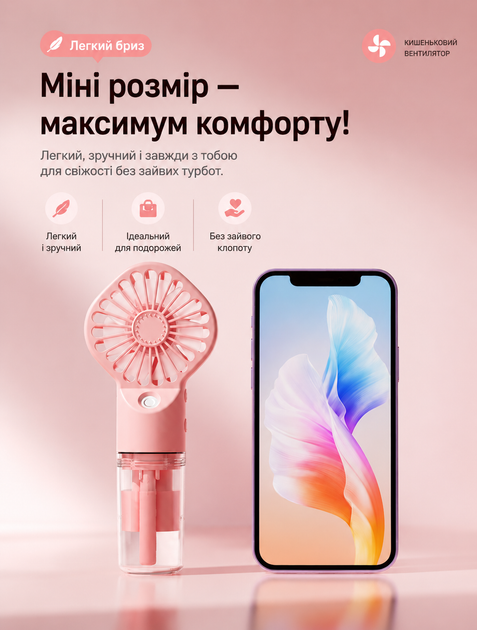 Портативный ручной вентилятор с встроенным увлажнителем 2в1 мини кондиционер для улицы работы и путешествий с аккумулятором 600 мАч и 3 скоростями Розовый - изображение 3