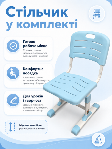 Дитяча парта-трансформер блакитна регульована по висоті зі стільчиком, лампою, підставкою для книг і похилою стільницею (49675929) - зображення 6