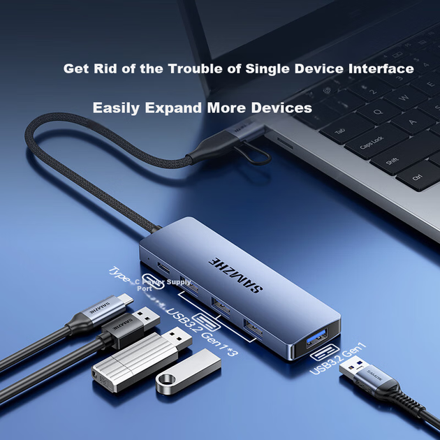 Sanze USB Hub Dual Head 4-in-1 Type-C 3.0 Splitter Multi-Port High-Speed HUB Adapter Converter for Laptop and Mobile Phone HBK1-S - зображення 6