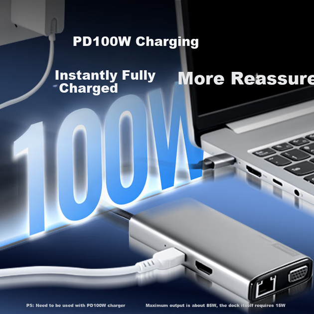Розширювальна док-станція Lenovo Type-C, USB-концентратор-розгалужувач, USB-кабель-подовжувач, порт Gigabit Ethernet, конвертер VGA, адаптер HDMI, розширювальна док-станція PD100W, BY07-V (металева) - изображение 6