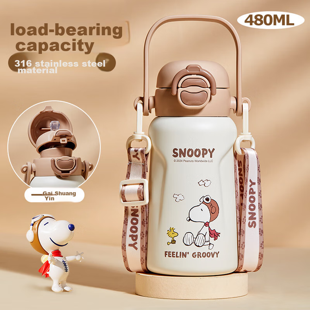 Дитяча ізольована чашка SNOOPY подвійного використання з трубочкою та прямим питним напоєм, пляшка для води з нержавіючої сталі об'ємом 316 л для дітей та студентів, шкільна чашка, кава - зображення 4