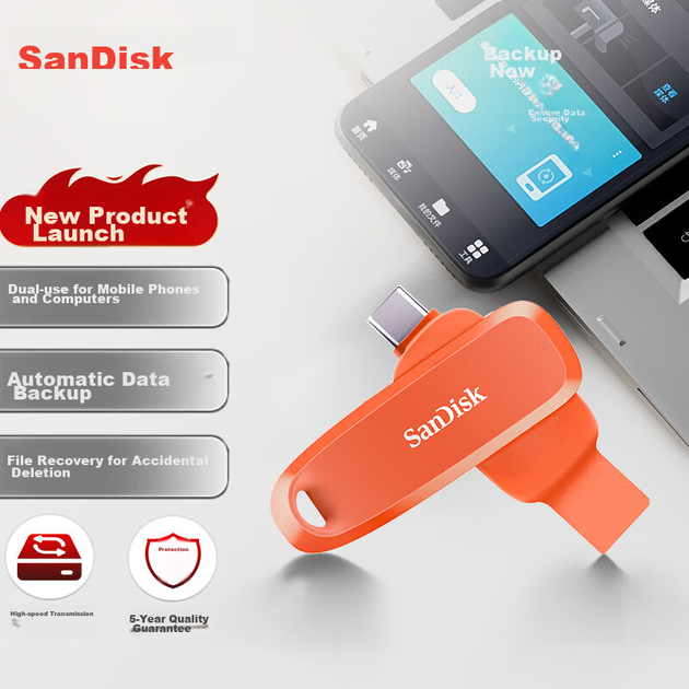 SanDisk 32GB Type-C USB 3.2, Мобільний флеш-накопичувач DDC6 Orange, Пристрій зберігання даних для телефону та комп'ютера, USB-накопичувач великої ємності з двома інтерфейсами - изображение 4