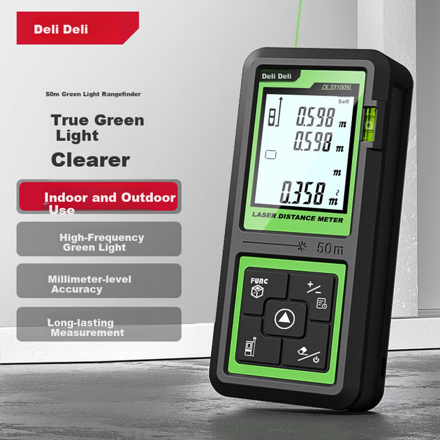 Далекомір Deli Green Light, портативний інфрачервоний високоточний електронний лазерний лінійник для зовнішнього використання, вимірювальний прилад для зовнішнього використання в приміщенні, 50 м - изображение 4