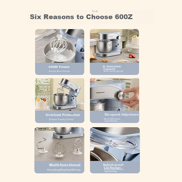 Кухонна машина Royalstar, домашній тістомісильник, багатофункціональна машина для замішування тіста, невеликий автоматичний хлібомісилник для вершків, блендер, кухонний комбайн, швидке замішування тіста, 3 літри, RM600Z - изображение 5