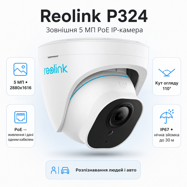 Внешняя IP-камера видеонаблюдения Reolink P324 5 МП PoE 2.8 мм IP67 1/2.7" White (RLC-520A) - изображение 2