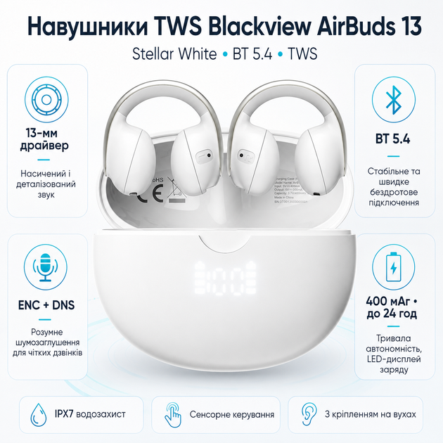 Бездротові навушники TWS Blackview AirBuds 13 Bluetooth 5.4 та шумозаглушенням ENC+DNS Stellar White (6931548323273) - зображення 2