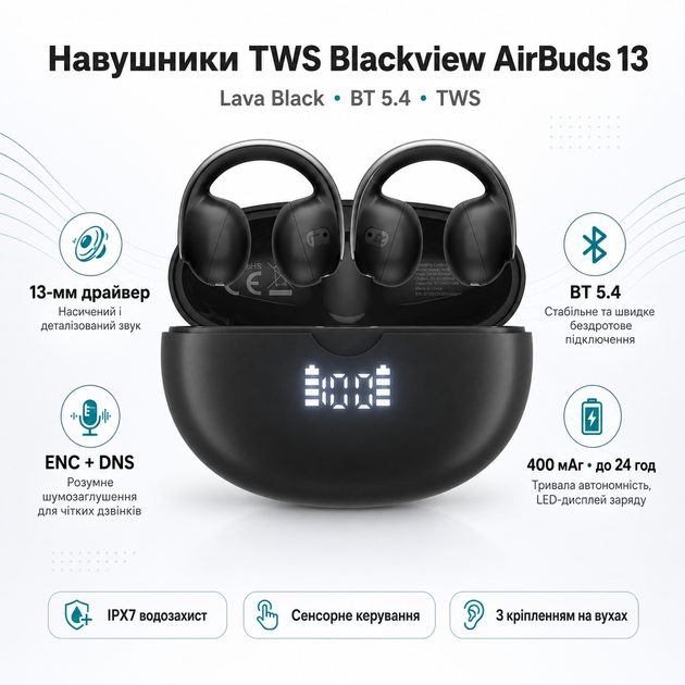 Бездротові навушники TWS Blackview AirBuds 13 Bluetooth 5.4 та шумозаглушенням ENC+DNS Lava Black (6931548323280) - зображення 2