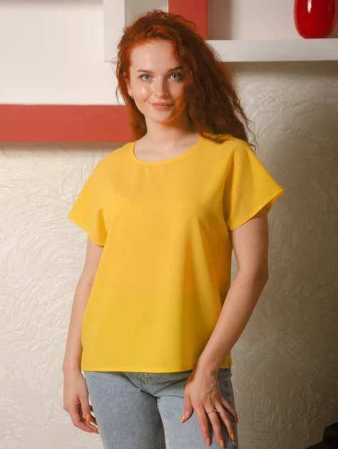 Женская блуза футболка из штапеля с капелькой на спине Innoe 55008-10, р. 52-54 Горчичный - Фото 1 Женская блуза футболка из штапеля с капелькой на спине Innoe 55008-10, р. 52-54 Горчичный - зображення 1