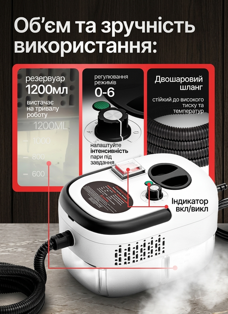 Пароочисник для прибирання будинку та дезінфекції 2500 Вт 1.2 л електричний парогенератор ручний з 7 насадками для вікон, меблів та плитки Білий - изображение 3