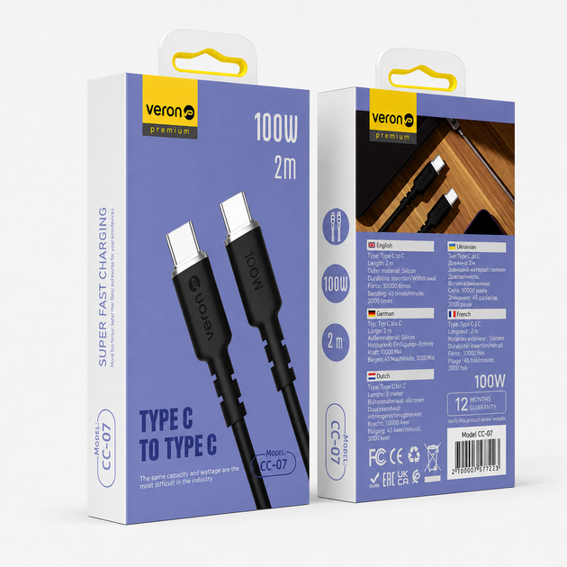 Кабель Veron CC07 USB-C – USB-C 100W PD 2 м Силіконовий Чорний - Фото 3 Кабель Veron CC07 USB-C – USB-C 100W PD 2 м Силіконовий Чорний - зображення 3