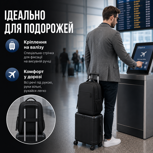 Рюкзак для ноутбука 15.6" с USB-портом водонепроницаемый мужской городской деловой бизнес-рюкзак для работы, обучения и путешествий студентов подростка дорожный рюкзак для ручной клади с вентилируемой спинкой и креплением на чемодан 45x29x12см черный - изображение 5