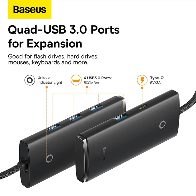 USB-хаб Baseus Lite Series 4-Port Type-C HUB Adapter (Type-C to USB 3.0*4) 25cm Black - Фото 12 USB-хаб Baseus Lite Series 4-Port Type-C HUB Adapter (Type-C to USB 3.0*4) 25cm Black - зображення 12