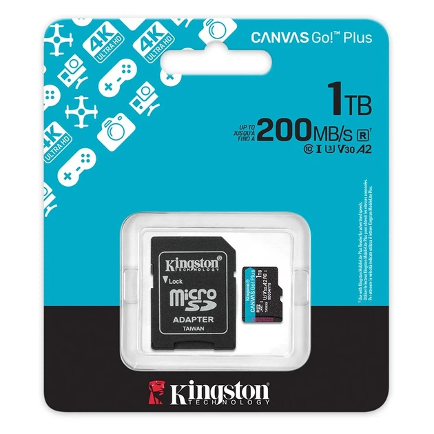 Карта пам'яті microSDXC (UHS-1 U3) Kingston Canvas Go! Plus 1Tb class 10 A2 V30 (R200MB/s, W-160MB/s) (adapter SD) - Фото 2 Карта пам'яті microSDXC (UHS-1 U3) Kingston Canvas Go! Plus 1Tb class 10 A2 V30 (R200MB/s, W-160MB/s) (adapter SD) - зображення 2