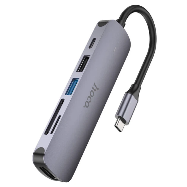 USB-хаб HOCO HB28 Type-C multi-function converter(HDTV+USB3.0+USB2.0+SD+TF+PD) Metal Gray - зображення 2