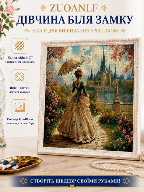 Набор для вышивки крестом ZUOANLF "Девушка у замка" 14CT, 40x40 см, канва Аида с нанесенным рисунком - Фото 2 Набор для вышивки крестом ZUOANLF "Девушка у замка" 14CT, 40x40 см, канва Аида с нанесенным рисунком - изображение 2