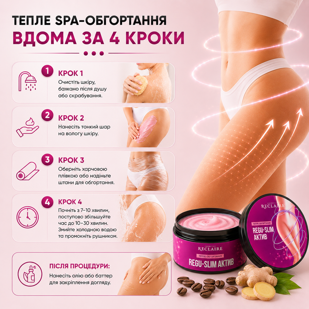 Антицеллюлитное теплое обертывание Reclaire Regu Slim Active 200 мл для похудения, подтяжки кожи от целлюлита в домашних условиях - изображение 6
