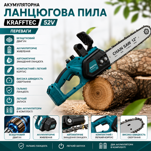 Акумуляторна ланцюгова пила Krafftec 52V - зображення 3