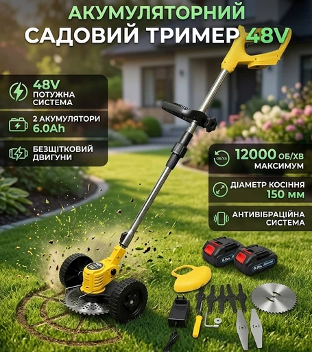 Тример садовий Krafftec PRO AZ-144 акумуляторний 48V 6Ah безщітковий жовтий Електротриммер для трави легкий і зручний акумуляторна мотокоса для саду тример для чищення трави та кущів - изображение 2
