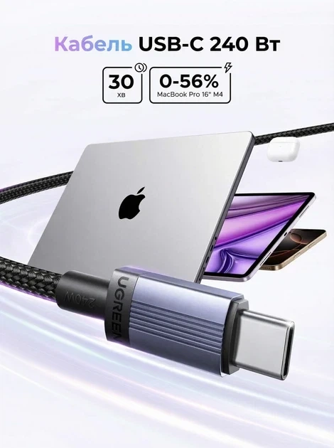 Кабель зарядний Ugreen USB Type-C to Type-C PD 240W Fast Charging з E-Marker 1 м Grey (L532) - Фото 4 Кабель зарядний Ugreen USB Type-C to Type-C PD 240W Fast Charging з E-Marker 1 м Grey (L532) - зображення 4