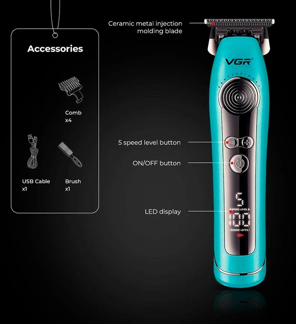 Тример для стрижки VGR V-299 BLACK, 4 насадки, 9000RPM, 2000 mAh, 5 рівнів швидкості, LED дисплей - изображение 4