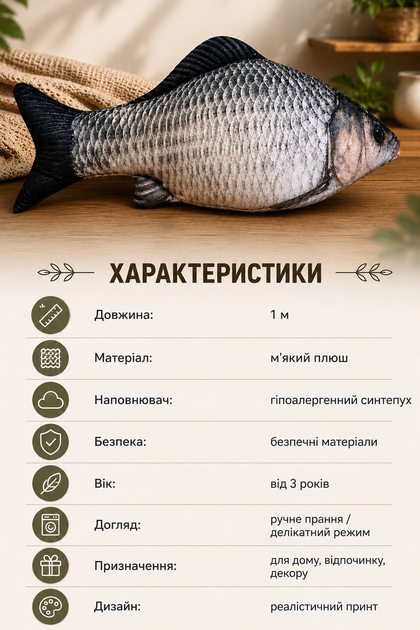 Декоративная плюшевая мягкая реалистичная подушка рыба КАРАСЬ 100см для дома подарка - изображение 3
