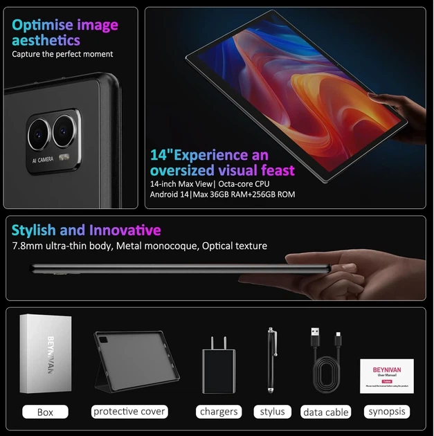 Планшет 14 '' BEYNIVAN M708 12+24/512Gb 4G 2-SIM 8 ядер Android 15 11580 mAh Чорний (102053685) - Уцінка - зображення 2
