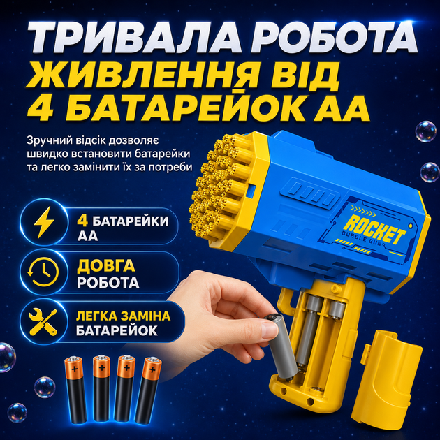 Детский пистолет для мыльных пузырей Rocket Bubble Gun 40 отверстий, синий цвет - изображение 6