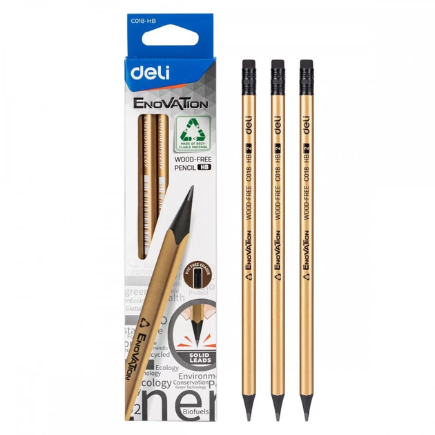 Олівець графітовий DELI C018 HB EnoVaTion Wood-Free з гумкою, трикутний, корпус сірий/бронза (12) /C018-HB/ - Фото 1 Олівець графітовий DELI C018 HB EnoVaTion Wood-Free з гумкою, трикутний, корпус сірий/бронза (12) /C018-HB/ - изображение 1