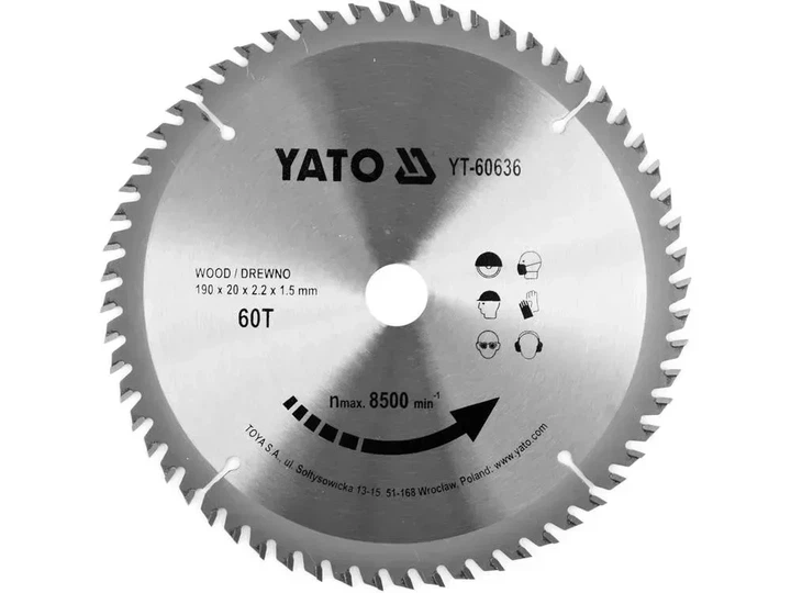 Диск пильный твердосплавный YATO по дереву 190 x 20 x 2.2 x 1.5 мм 60 зубьев YT-60636 - Фото 1 Диск пильный твердосплавный YATO по дереву 190 x 20 x 2.2 x 1.5 мм 60 зубьев YT-60636 - изображение 1