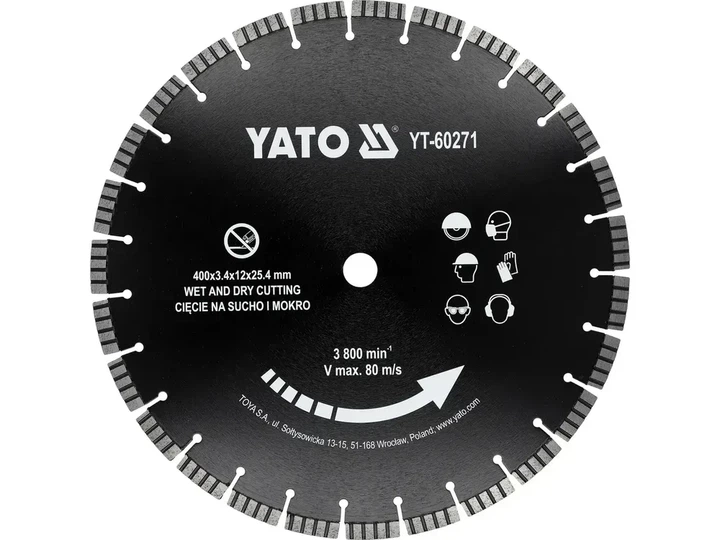 Диск відрізний алмазний сегментний YATO по бетону 400/25.4 x 3.4 мм для мокрого і сухого різання YT-60271 - Фото 1 Диск відрізний алмазний сегментний YATO по бетону 400/25.4 x 3.4 мм для мокрого і сухого різання YT-60271 - зображення 1