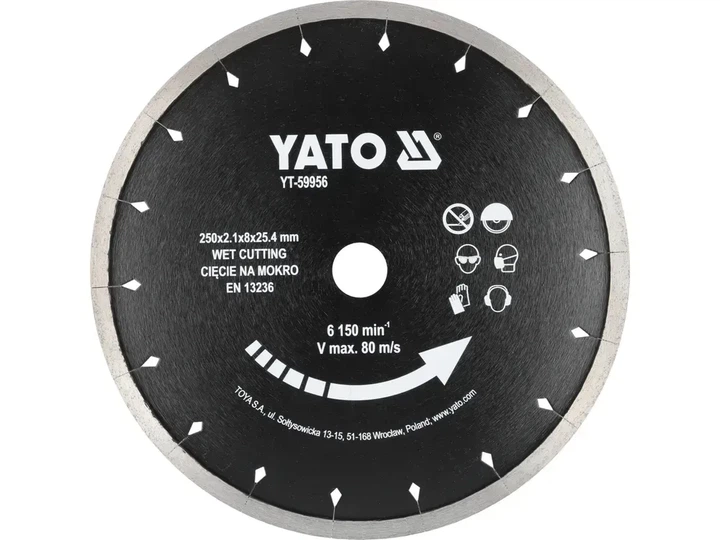 Диск отрезной алмазный YATO для керамики 250/25.4 x 2.1 мм для мокрой резки YT-59956 - Фото 1 Диск отрезной алмазный YATO для керамики 250/25.4 x 2.1 мм для мокрой резки YT-59956 - изображение 1