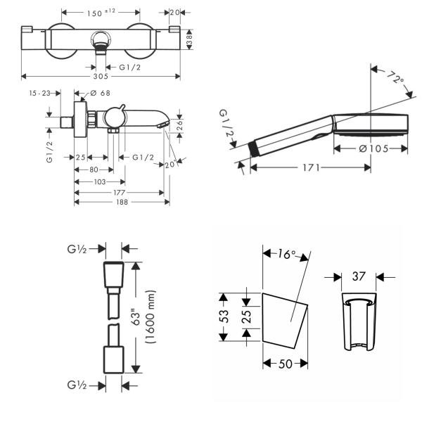 Змішувач для ванни HANSGROHE ECOSTAT 13114670U, чорний/матовий, настінний - зображення 2