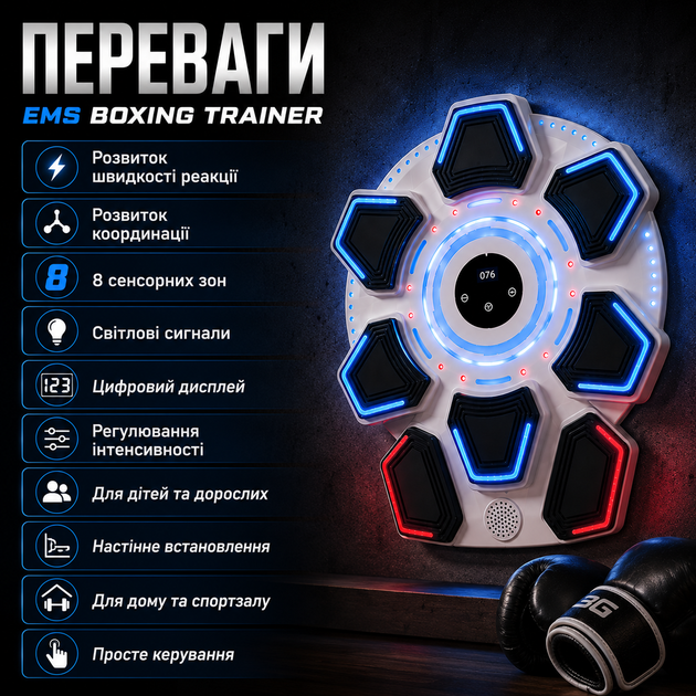 Настенный боксерский тренажер EMS с 8 сенсорными целями и музыкальным сопровождением - Фото 3 Настенный боксерский тренажер EMS с 8 сенсорными целями и музыкальным сопровождением - изображение 3