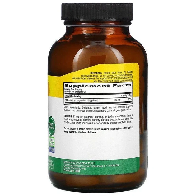 Магний глицинат Chelated Magnesium Glycinate Country Life, 400 мг, 90 таблеток - изображение 4