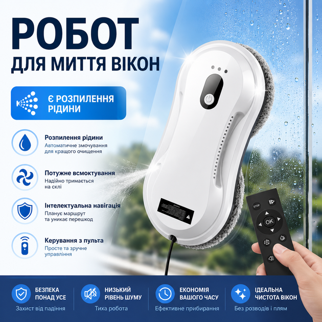 Робот для миття вікон з вулиці автоматичний мийник вікон Електро робот для миття вікон з розпилювачем ефективним миттям з розпиленням води - зображення 4