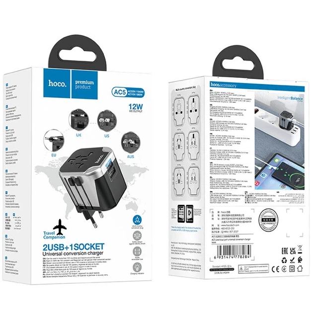 Перехідник мережевий Hoco AC5 Level Dual Port Universal Conversion Charger Black - зображення 7