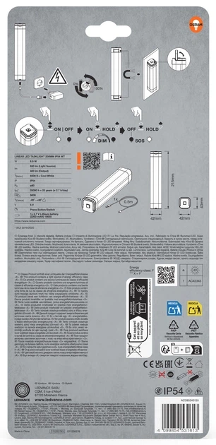 Нічник-ліхтарик з акумулятором OSRAM LINEAR TASK LIGHT 6.9W 650Lm 6500K IP54 (4099854531613) - Фото 5 Нічник-ліхтарик з акумулятором OSRAM LINEAR TASK LIGHT 6.9W 650Lm 6500K IP54 (4099854531613) - изображение 5