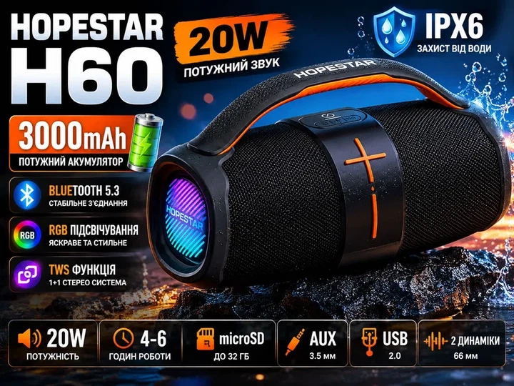 Портативна колонка Bluetooth HOPESTAR H60 20W Black - изображение 4