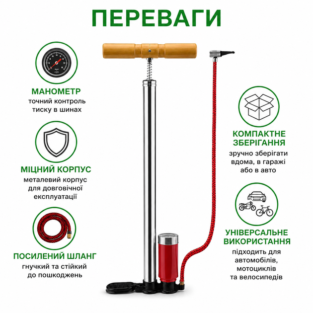 Ручний насос з манометром для велосипеда, авто та мото - Фото 6 Ручний насос з манометром для велосипеда, авто та мото - зображення 6